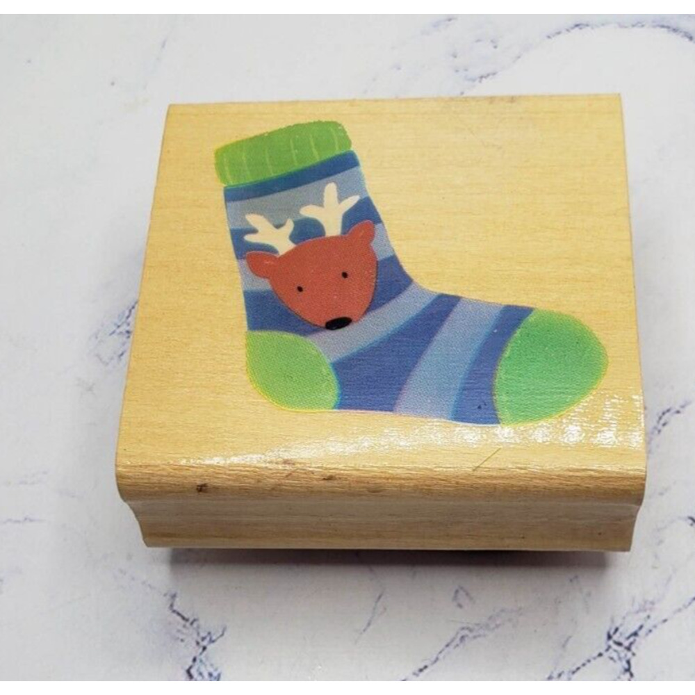 Moose Stocking Christmas Holiday Wood Mounted Rubber Stamp
